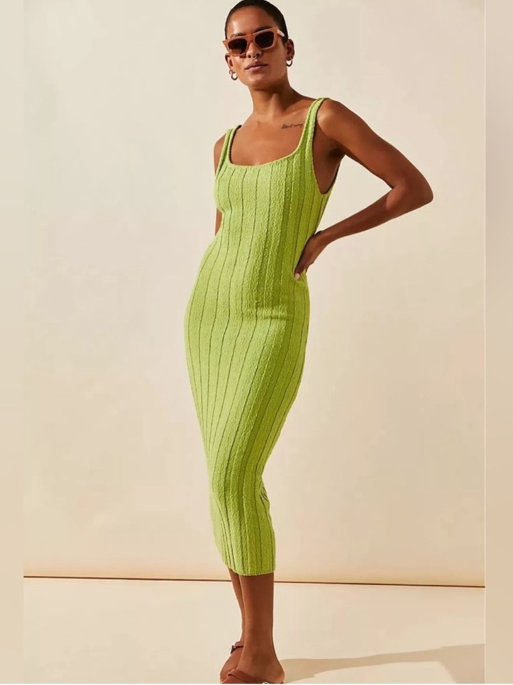 Free People Beach Santos Sweater Midi Dress Size XS Lime Cable Knit Stretch